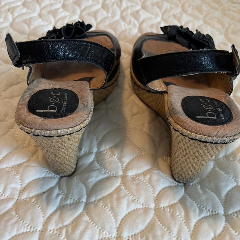 b.o.c. Black Espadrille Slingback 3.5” Straw Woven Heels Shoes Floral Sandals
